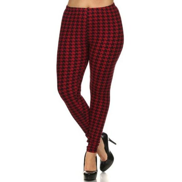 (Plus) Curvy Black Red Houndstooth Pattern Print Leggings - Picture 2 of 5